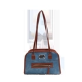 Vintage blue denim shoulder bag with brown leather trim and metal accents on white background - No Pendant / Brown