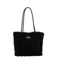 Black plush tote bag with striped faux fur texture and pink cherry logo label - Black
