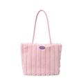 Pink plush tote bag with vertical stripes and fashion label for casual wear - Pink