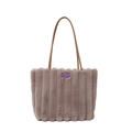 Sac fourre-tout en peluche taupe avec côtes verticales et longues anses en cuir - Marron