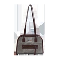 Retro grey canvas tote bag with brown leather trim and detachable shoulder strap - No Pendant / Red