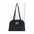 Classic black faux leather tote bag with silver logo plate and front zipper pocket - No Pendant / Black