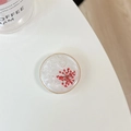 Detail of glitter flower phone grip featuring real red dried flower and pearl inlay - Transparent Stand - Gold Ring Pearl Lace - Red
