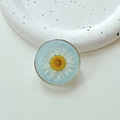 Macro detail of a resin phone grip with an embedded real white daisy and gold metal rim - Cloud Shimmer Blue (Transparent Stand-Gold Ring Real Flower Daisy)