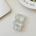 Close-up of bear-shaped phone grip with iridescent sequins and silver heart detail - Bear Stand-Silver Heart Sequin-Iridescent Green