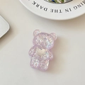 Close-up of bear-shaped phone grip with purple glitter and white heart detail - Bear Stand-Silver Heart Sequin-Iridescent Purple