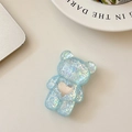 Dettaglio del supporto per telefono a forma di orsetto glitterato blu con specchio a cuore - Supporto Orso-Cuore Argento Paillettes-Blu Iridescente