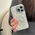 Luxe 3D pearl butterfly phone case for iPhone with elegant rhinestone decorations - Basic Style (Electroplated White Glitter Butterfly) / iPhone 7/8/SE 2020