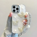 iPhone glitter case featuring 3D pearl butterflies and a matching luxury bead wrist strap - Style with Pearl Chain (Electroplated White Glitter Butterfly) / iPhone 7/8/SE 2020