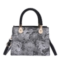 Retro black and white floral jacquard handbag with woven handles and gold hardware - Black