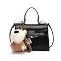 Chic black pleated glossy handbag with silver twist lock and cute dog plush charm - Black With Pendant