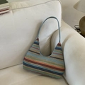Colorful striped woven underarm bag with slim shoulder strap for women casual commute - Blue
