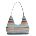 Sac à bandoulière en paille tissée à rayures arc-en-ciel avec des bretelles bleu clair - Bleu