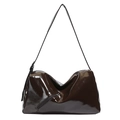 Borsa tote in pelle lucida marrone scuro con tasca metallica a cerniera e tracolla alla moda - Marrone
