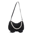 Elegante borsa a spalla nera con fiocco, catena di perle e trama in jacquard - Nero