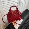Red glossy embossed shell bag with gold hardware and removable shoulder strap for women - Red