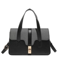 Bolso de mano bicolor con textura tejida y elegante cierre giratorio metálico dorado - Negro