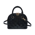 Glossy black shell bag with checkerboard embossing and gold hardware handles - Black