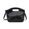 Elegante borsa a secchiello nera lucida con manici traforati e testo Fashion & Bags - Nero