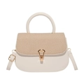 White faux leather crossbody bag with beige woven flap and gold shield buckle detail - White