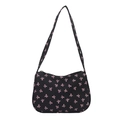 Quilted black crossbody bag with pink bow pattern and adjustable shoulder strap - Black