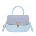 Light blue leather saddle bag with striped denim lid and gold drop metal clasp - Blue