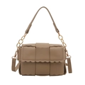 Brown woven crossbody bag with wavy trim and adjustable gold chain strap on white background - Khaki