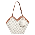 Chic monogram tote bag with V-shaped opening and matching round charm accessory - White