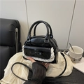 Bolso bowling negro brillante con encaje blanco y lazo para moda de mujer - Negro