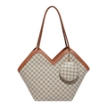 Retro monogram tote bag with brown leather trim and matching round mini pouch - Khaki