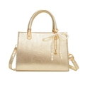 Metallic gold handbag with pearl butterfly bow charm and adjustable shoulder strap - With Charm / Gold