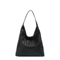 Large black woven tote bag with V-shaped texture and minimalist shoulder strap design - Black