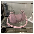 Pink sequin dumpling crossbody bag with silver heart chain and pearl charms - Pink