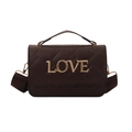 Quilted dark coffee crossbody bag with gold LOVE lettering and wide shoulder strap - Brown