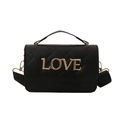 Quilted black leather crossbody bag featuring gold LOVE lettering and adjustable strap - Black