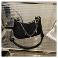 Sparkly black sequin dumpling bag with metallic chain and pearl strap details - Black