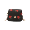 Mini black crossbody bag with strawberry print and gold chain strap on white background - Black