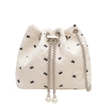 White bucket bag with bow embroidery, pleated texture, silver chain and pearl drawstrings - Off White