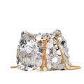 Elegant silver sequin bucket bag with gold chain drawstring and pearl details - Silver