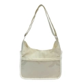 Beige nylon messenger bag with adjustable strap and transparent zip pocket for display - White