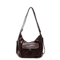 Minimalist deep brown glossy tote bag with metal buckle side pocket and long shoulder strap - Coffee