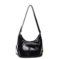 Glossy black leather oversized tote bag with adjustable strap and front buckle pocket - Black
