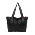 Quilted black puffer tote bag with ethnic pattern straps for stylish women's daily commute - Black