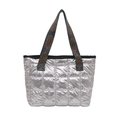 Silver quilted puffer tote bag with colorful ethnic geometric patterned shoulder strap - Silver