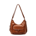 Caramel brown glossy leather tote backpack with front pocket and metal buckle for women - Brown