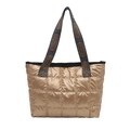 Quilted tote bag in metallic gold nylon with ethnic style geometric patterned strap - Gold