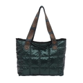 Dark green quilted puffer tote bag with ethnic geometric pattern strap for daily commuting - Green