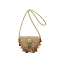 Bohemian straw crossbody bag with colorful tassels, beads, and ethnic floral patterns - Khaki