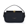 Black textured handbag with golden shell lock and leather trim for a vintage elegant look - Black