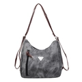Bolso tote de lona gris vintage con correas marrones y logo plateado para mujer - Negro
